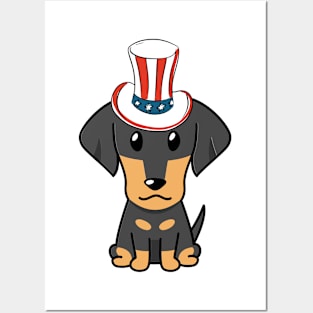 Funny dachshund dog is wearing uncle sam hat Posters and Art